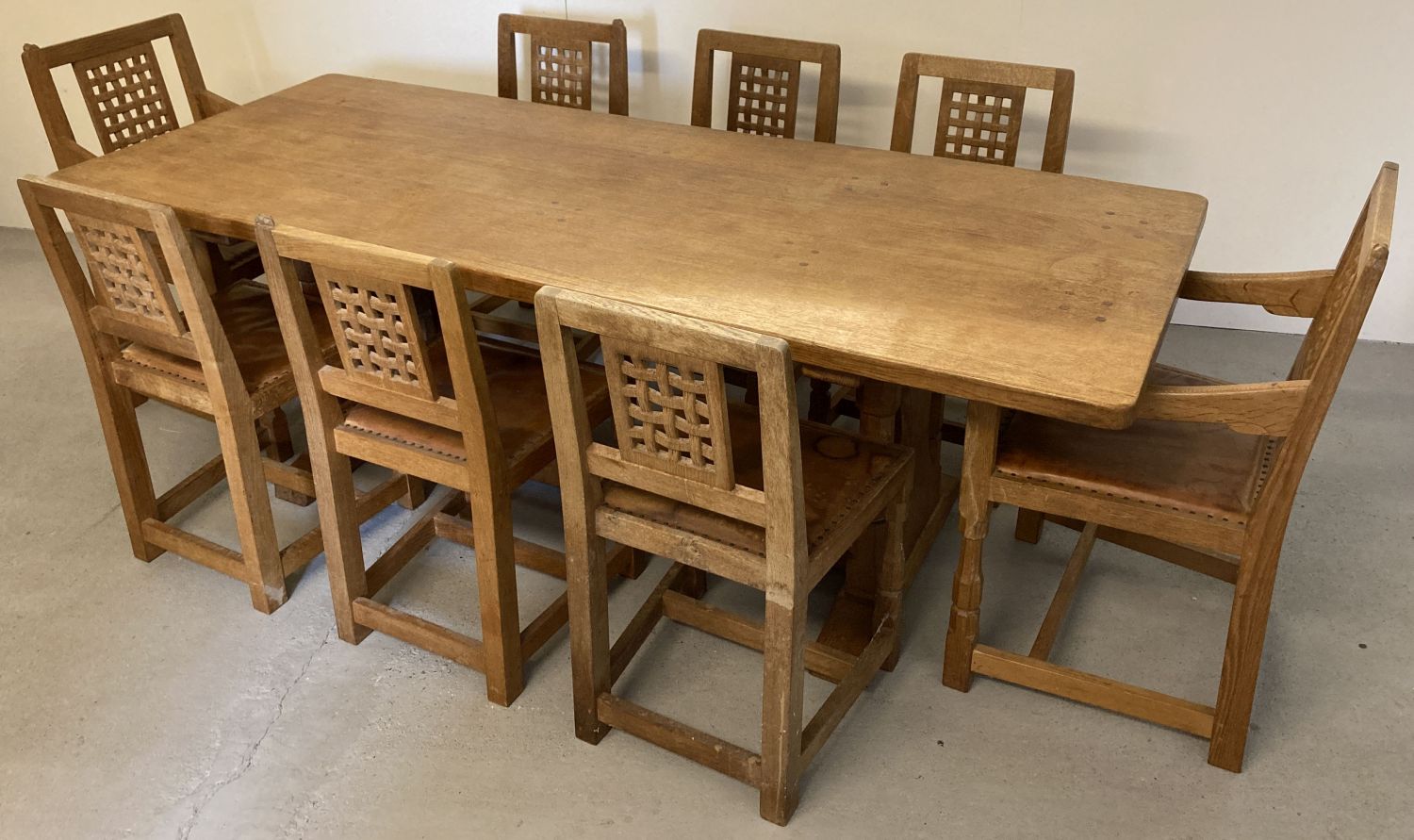 Robert Thompson - classic Mouseman, 7'0" refectory table & 8 chairs, featuring rare mouse detail.