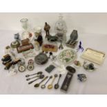 A box of assorted misc items to include glass, ceramics, collectable spoons & carved wooden pieces.