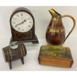 A collection of assorted vintage wooden items to include brass bound barrel shaped jug.