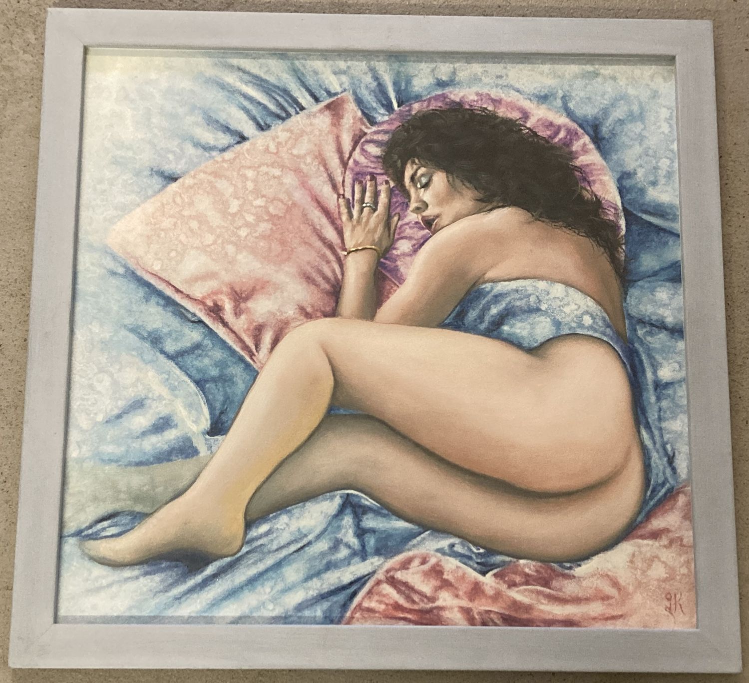 A framed and glazed original oil on board nude painting by Krys Leach, signed to bottom right.