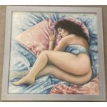 A framed and glazed original oil on board nude painting by Krys Leach, signed to bottom right.