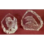 2 glass paperweights by Nybro, Sweden, both with etched name to base.