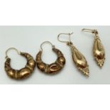 A pair of 9ct gold decorative creole style earrings, marked 375, together with a pair of