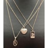 3 silver pendant and chain necklaces. A pierced square shaped St. Christopher on a 16" fine curb