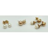 A pair of pearl stud earrings together with a pair of pearl drop style earrings and two single