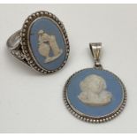 2 pieces of vintage silver jewellery set with blue Wedgwood Jasper ceramic plaques . A ring set with