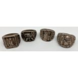 4 Chinese white metal signet style rings in varying sizes. Depicting Buddha, Chinese characters