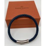 A brand new boxed blue plaited leather and stainless steel men's bracelet with modern design push