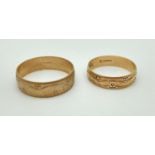 A pair of matching men's and women's 9ct gold wedding bands with floral decoration. Ring sizes U and