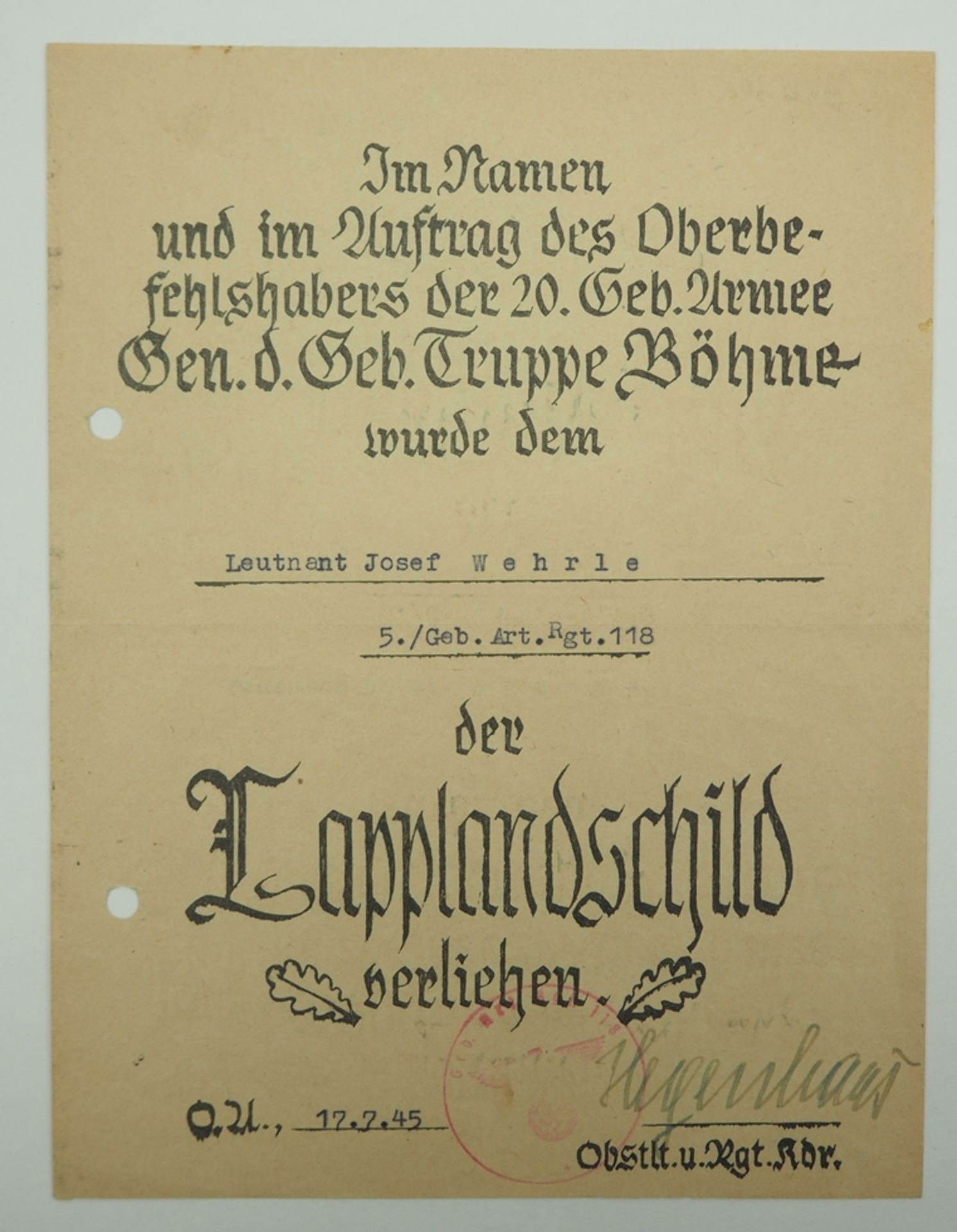 Lapplandschild Urkunde für einen Leutnant der 5./ Geb.Art.Rgt. 118.