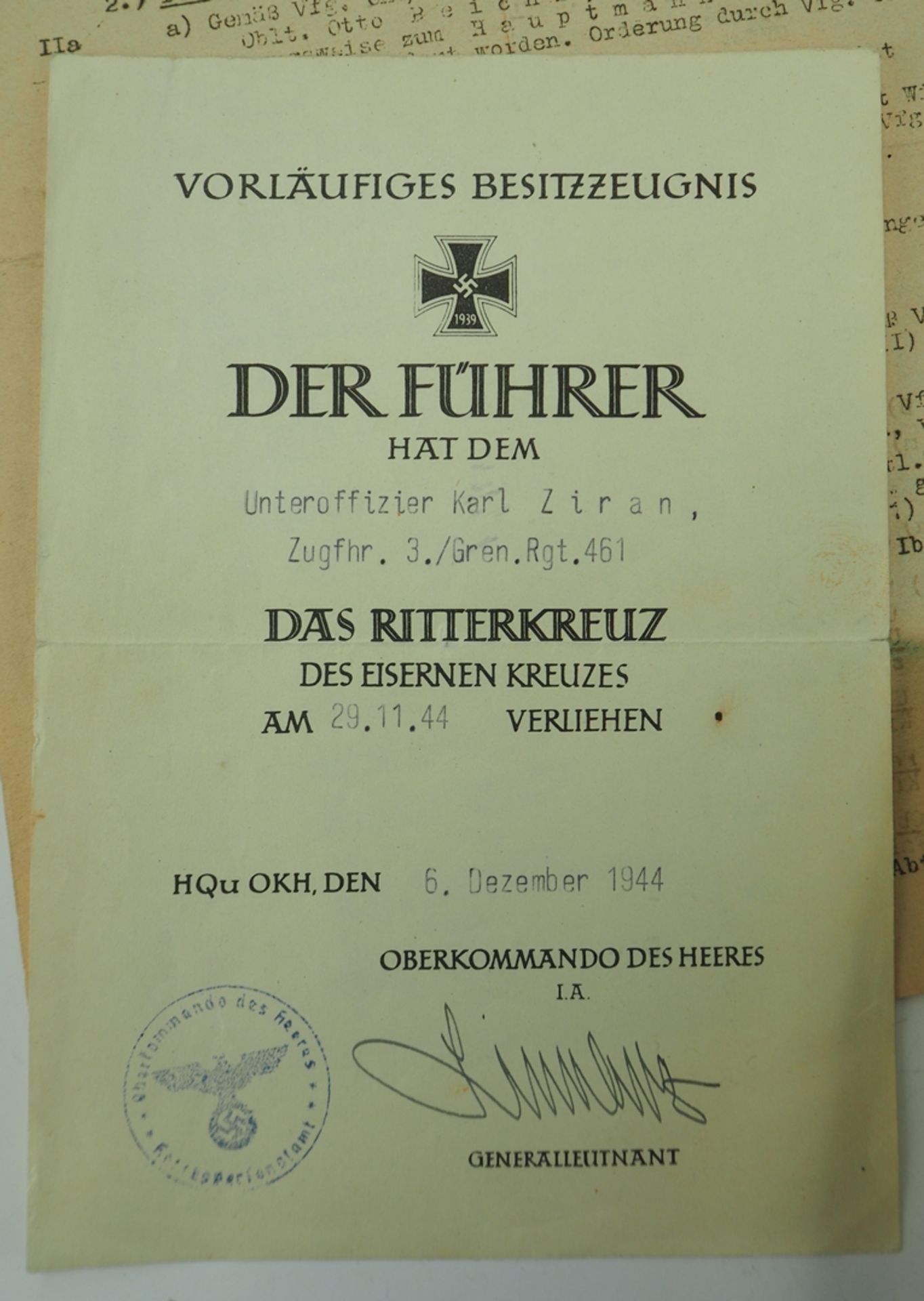 Nachlass des Ritterkreuzträgers Unteroffizier Karl Ziran, Zugführer 3./ Grenadi - Bild 2 aus 23
