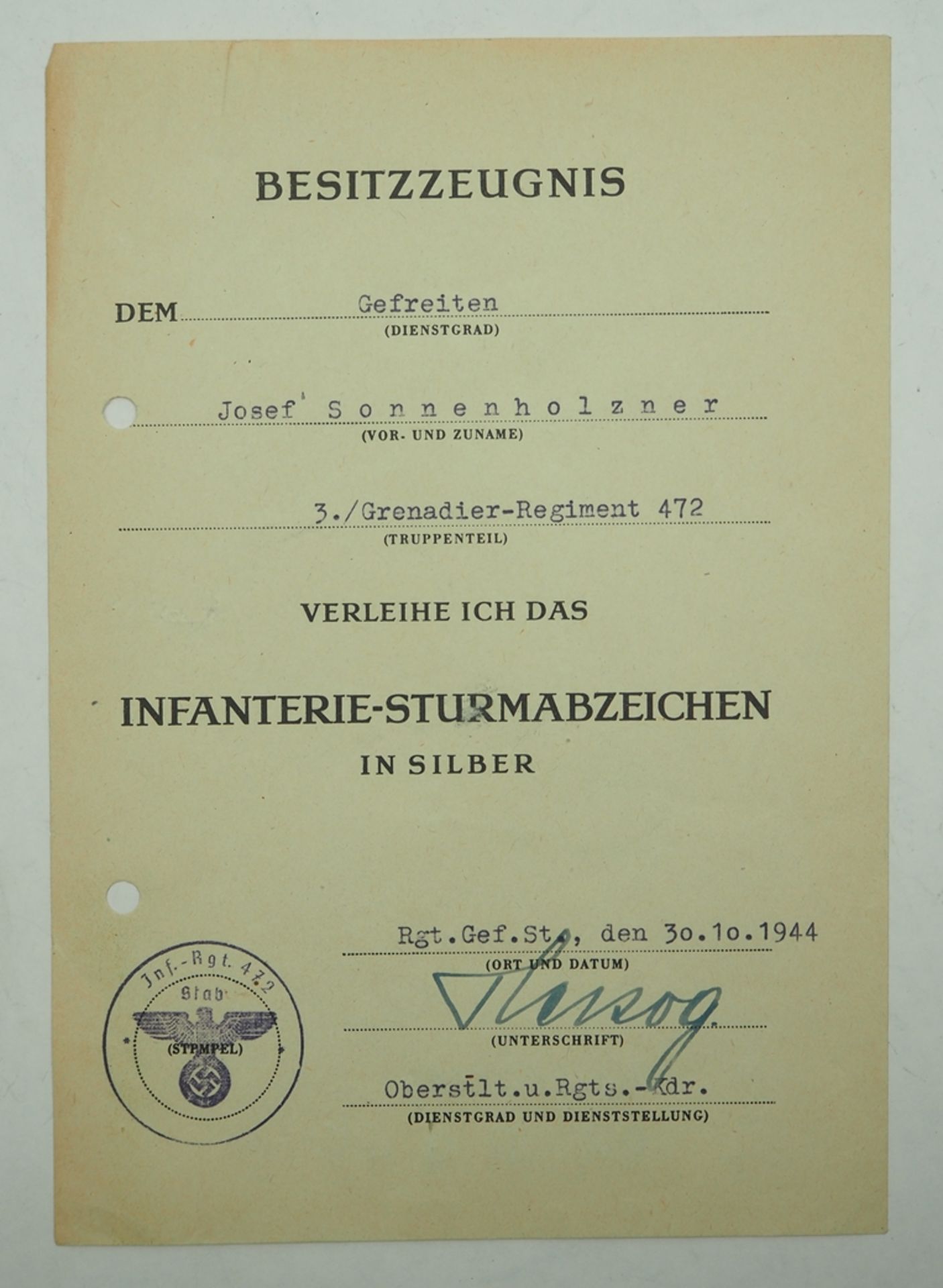 Infanterie-Sturmabzeichen, in Silber Urkunde für einen Gefreiten der 3./ Grenad