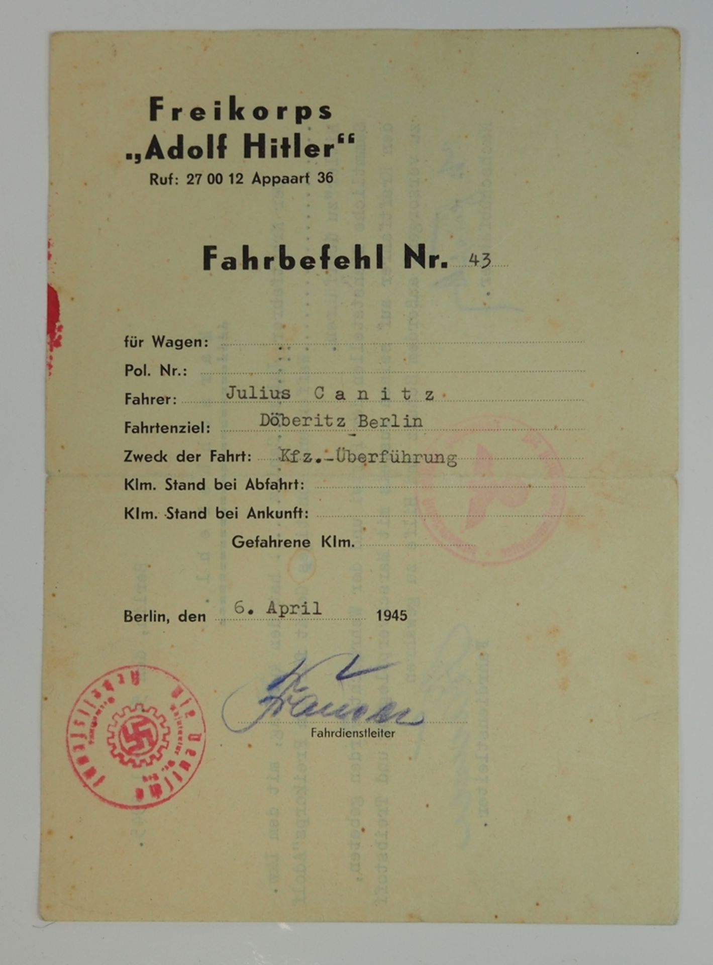 Freikorps "Adolf Hitler" - Fahrbefehl / Marschbefehl.