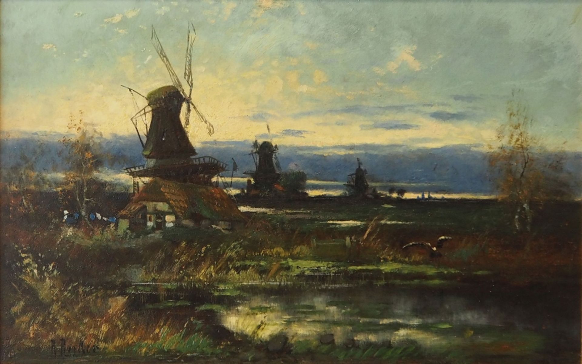 Niederländische Landschaftsmalerei mit Windmühlen.