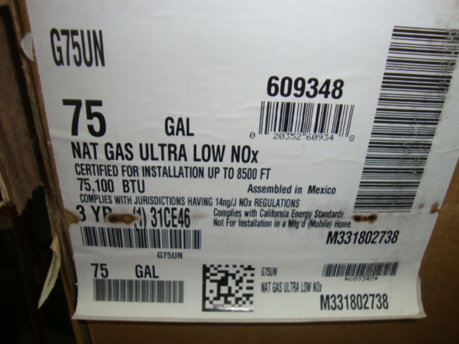 New Rheem Rudd 75 Gallon Gas Water Heater, set up for nat. gas, 75,000 BTU's - Image 3 of 5