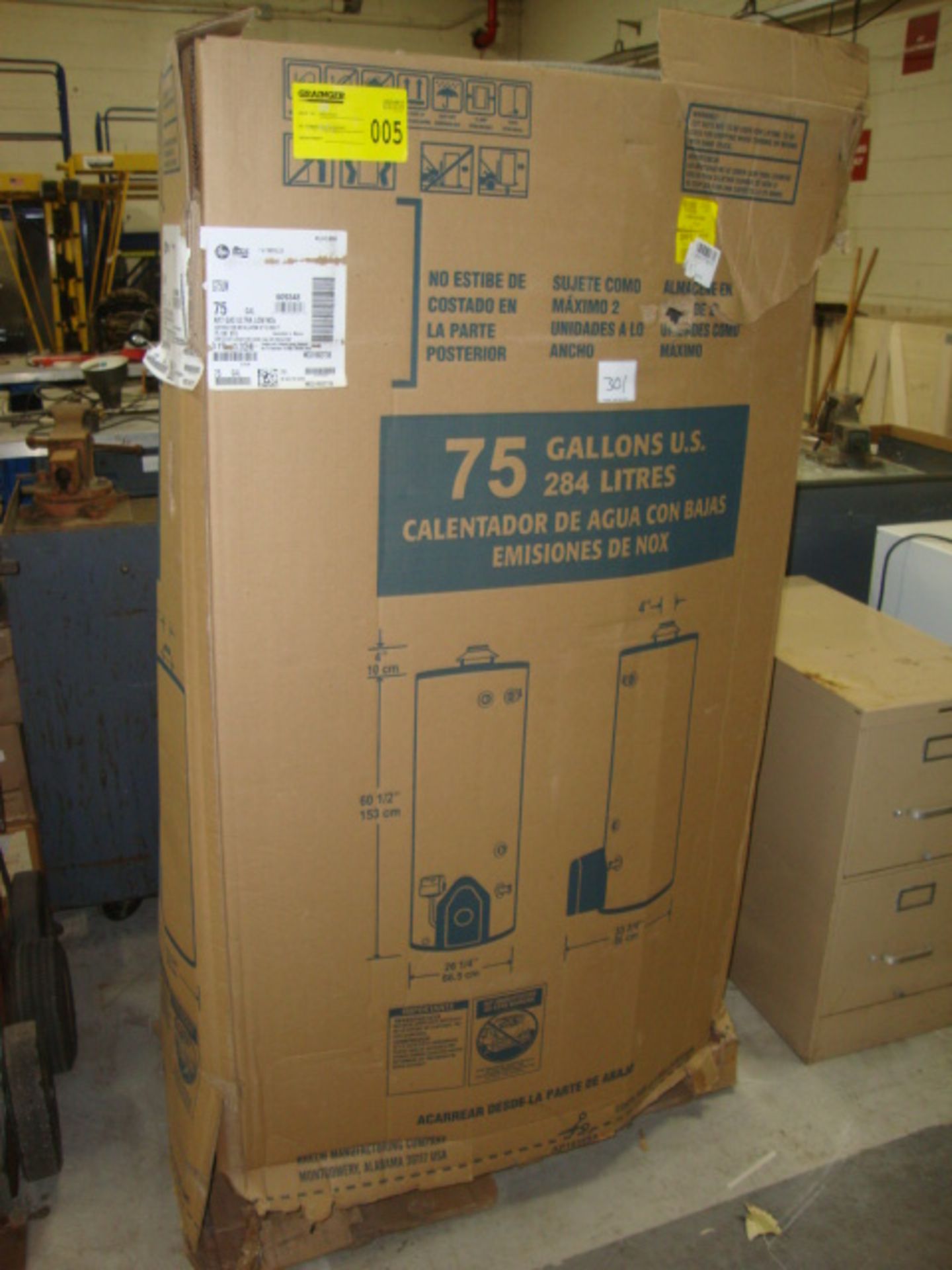 New Rheem Rudd 75 Gallon Gas Water Heater, set up for nat. gas, 75,000 BTU's