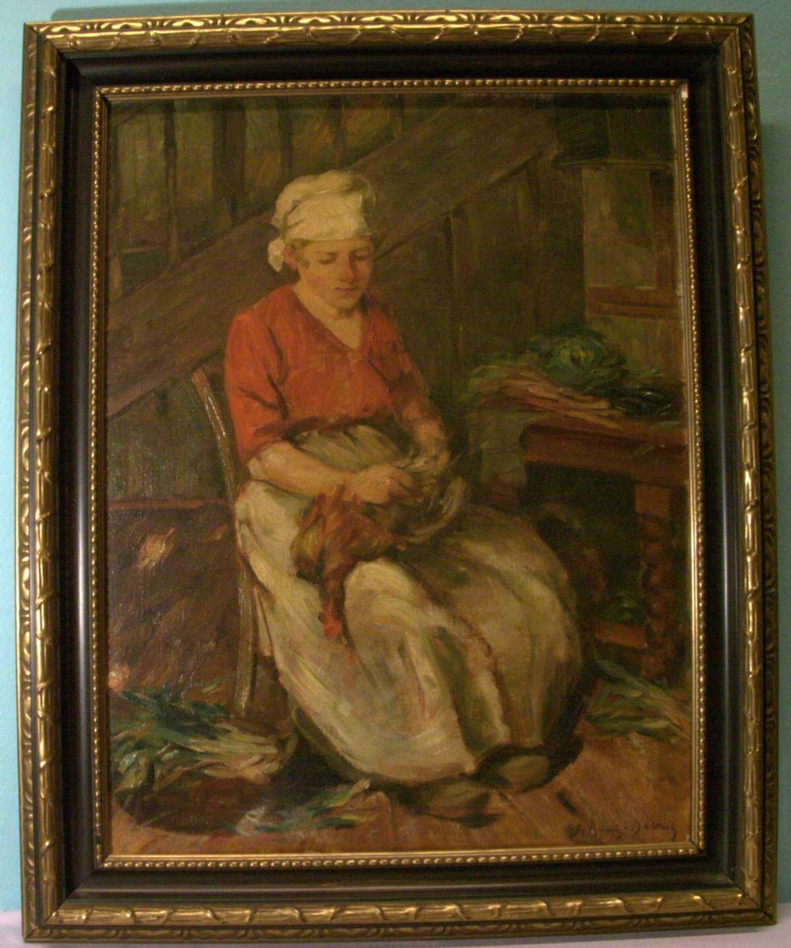 "Holländisches Mädchen in der Küche", Öl/L, u.re.unles.sig.Ca. 64 x 48 cm