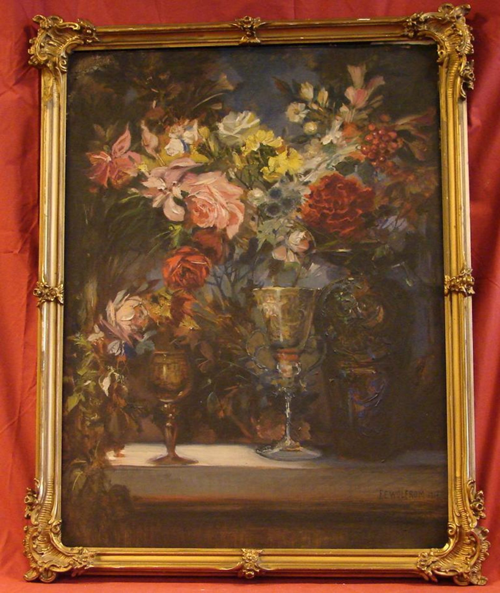 FRIEDRICH ERNST WOLFROM (1857 Magdeburg- 1920 Berlin), "Blumenbouquet mit Gläsern", Öl Pappe,