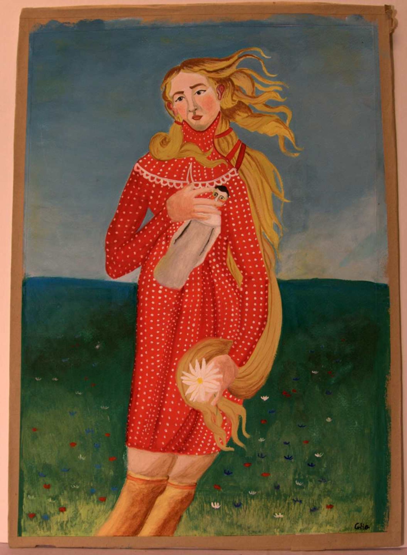 GH a (wohl GRETEL HAAS GERBER, 1903-1998), "Mädchen mit Puppe",surreale Mischtechnik,