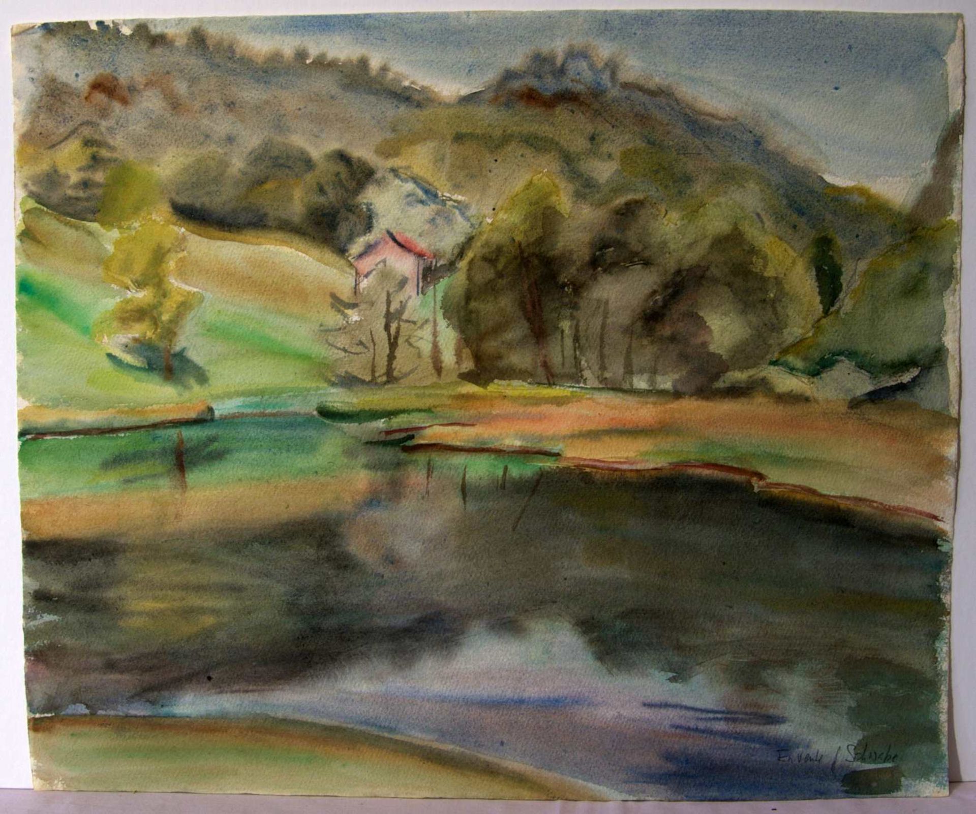 "Bergsee", Aquarell, u.re.unleserlich sig., ca. 48 x 41 cm