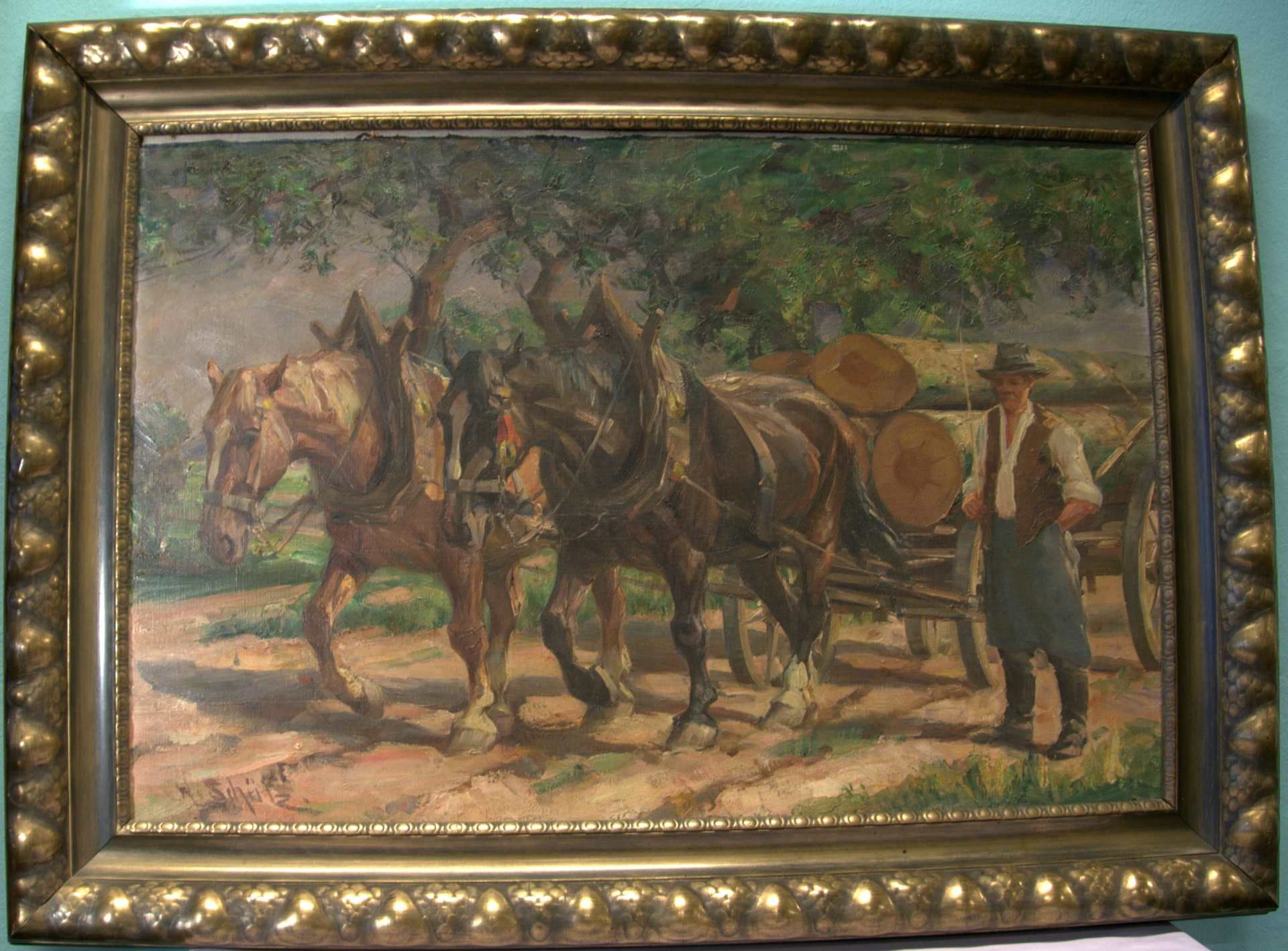 "Waldbauer mit Pferde", Öl/L, u.li.sig. W. SCHÜTZ?Ca. 57 x 84 cm