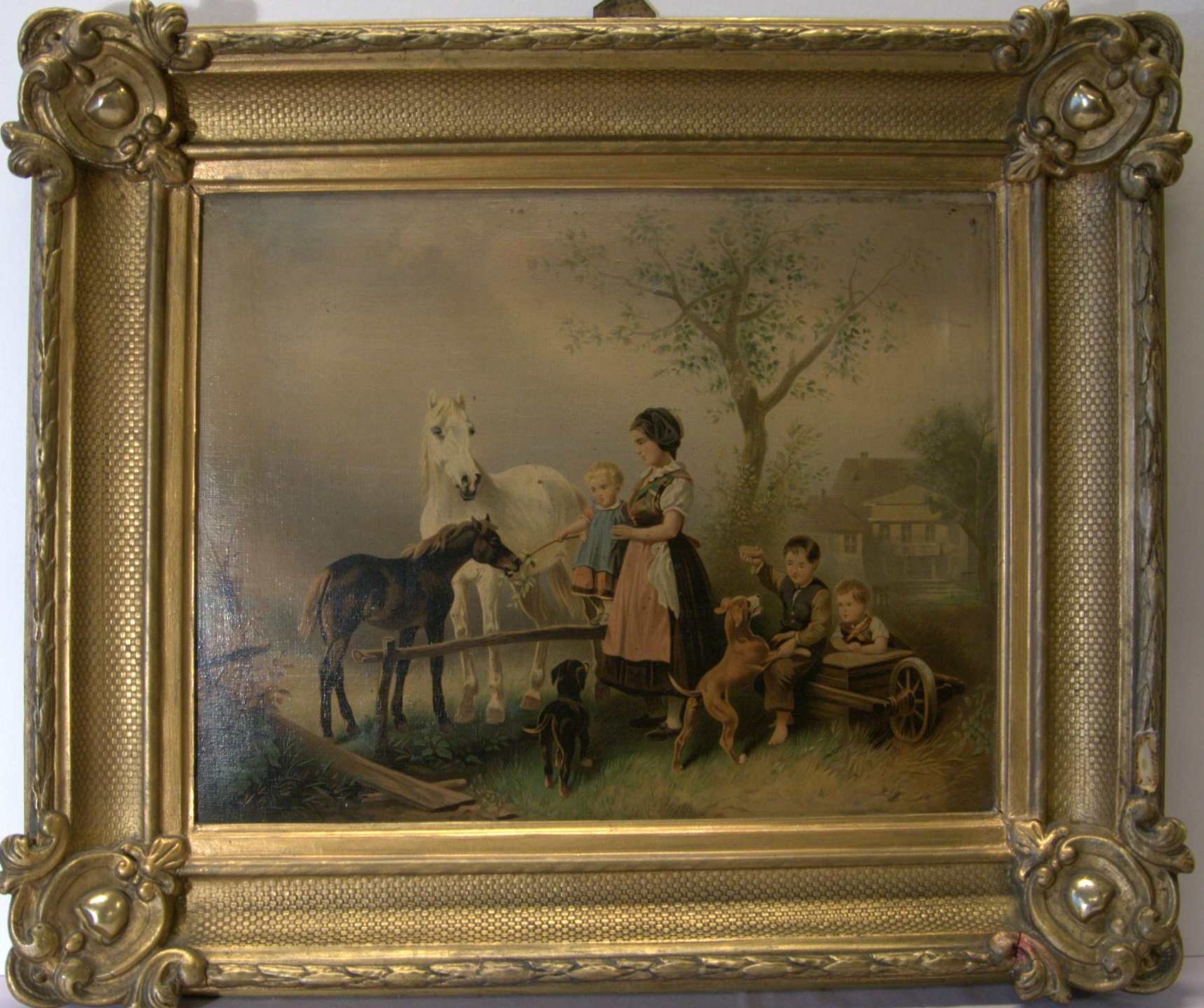 "Bauernkinder mit Tieren", Öl/L?, o.sig.oben links kleine Delle, ca. 29 x 37 cm