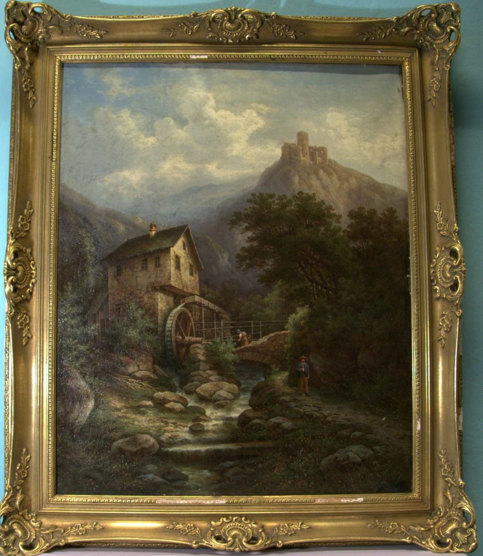 "Wassermühle am Rhein", Öl/L,u. re. unles. sig., (Anquist?), Ende 19. Jhd., ca. 66 x