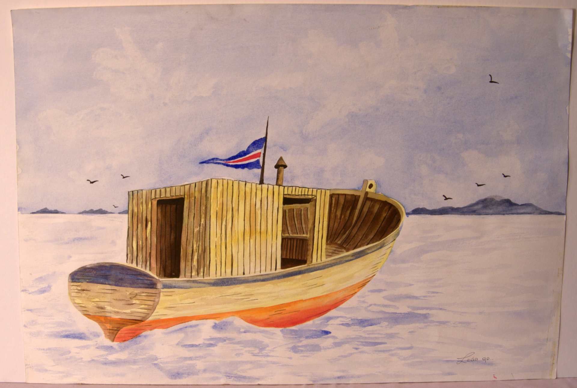 LEDA, "Boot mit Flagge", Aquarell, u.re.sig, dat.'90, ca. 55 x 37 cm