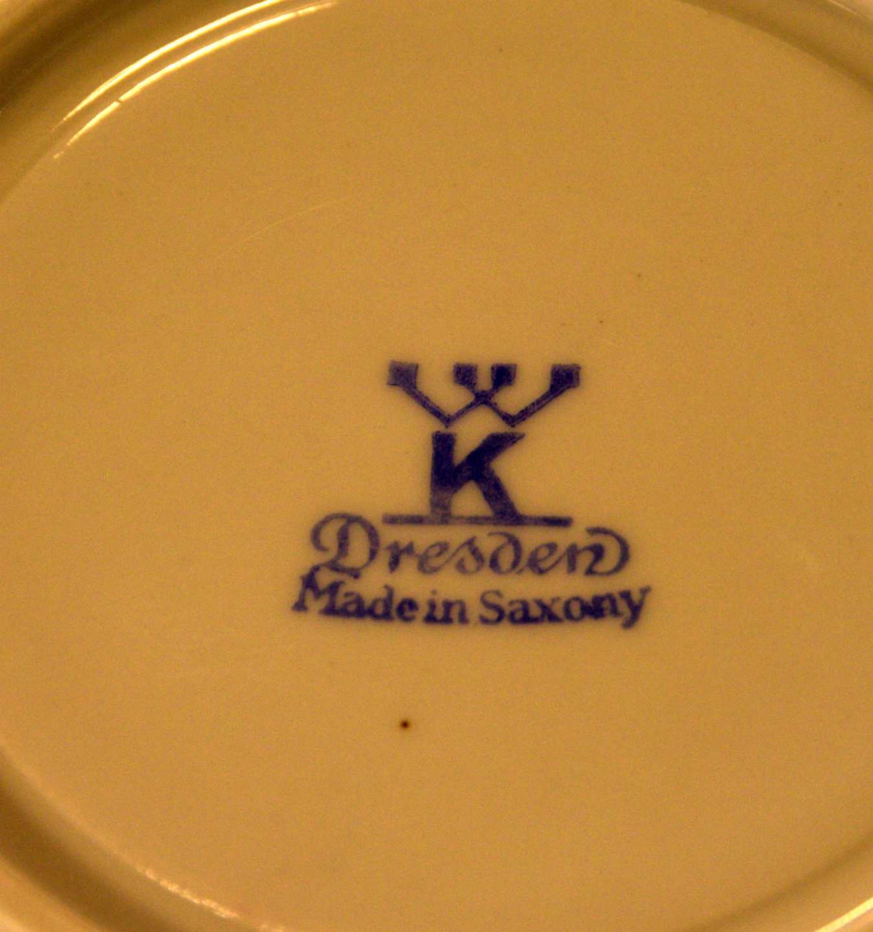 Tasse mit Untertasse, Kuchenteller, Dresden,bez. Made in Saxony, polychrom bemalt, bre - Bild 2 aus 2