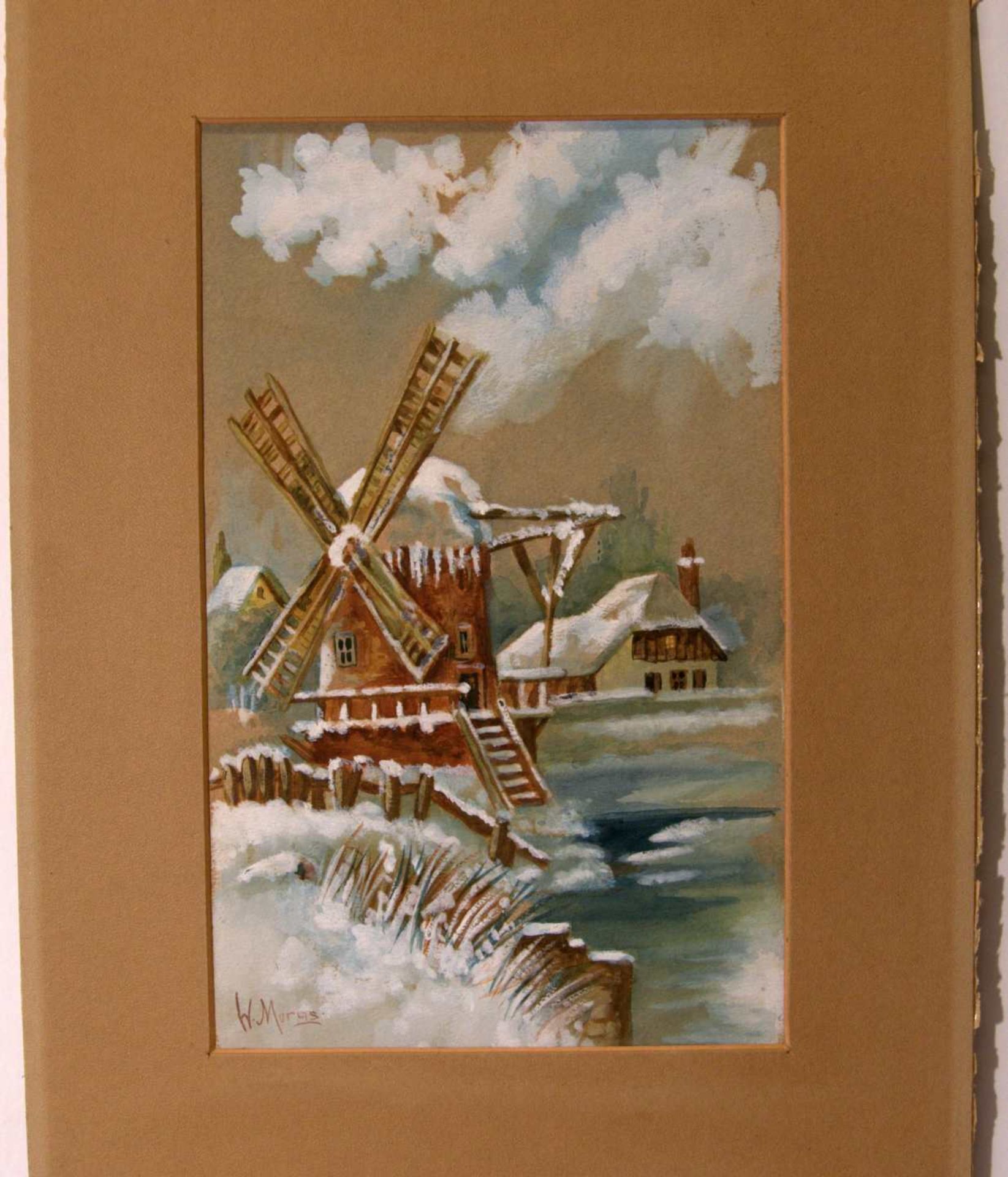 WALTER MORAS (1856-1925, Berlin), "Verschneite Windmühle", Mischtechniku.li.sig. W. M