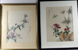 2 Stoffmalereien, Asien, rechts / oben links signiert,