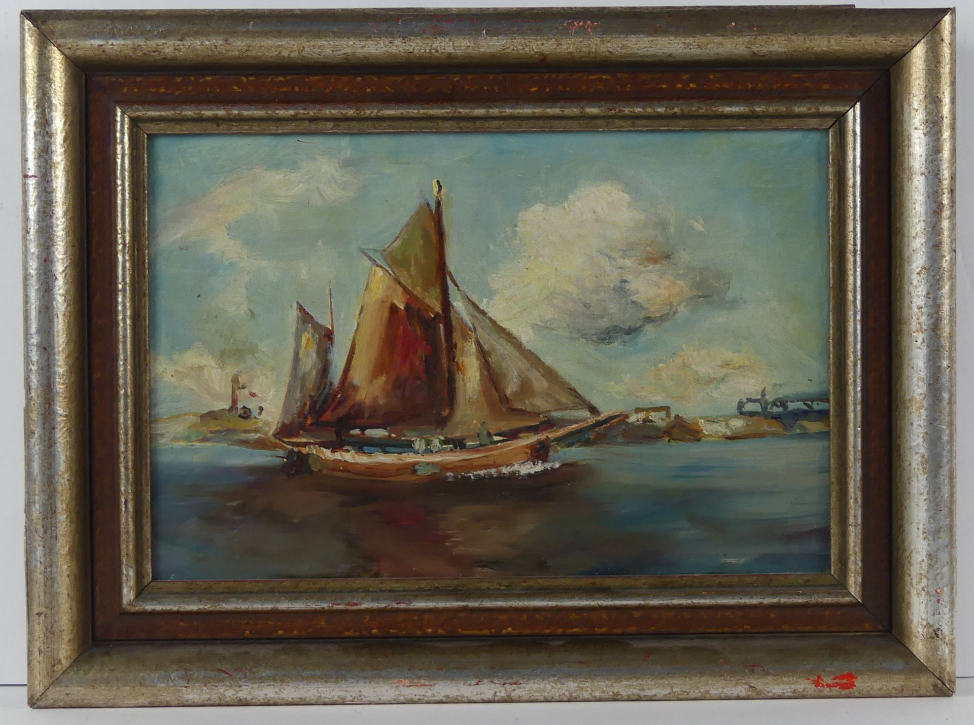 "Segelschiff", Öl/L., ohne Signatur, ca. 28,5 x 19 cm