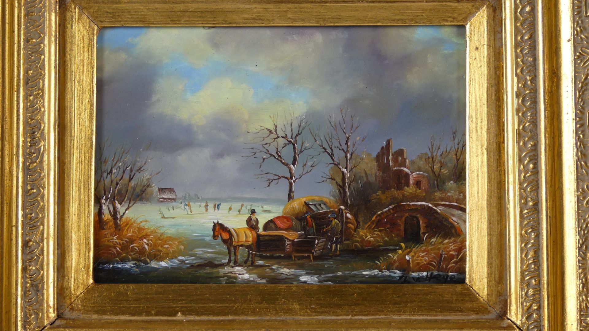 J. V. HEGE, "Winterlandschaft am zugefrorenen See", Öl/Holz, u.re.sig., - Bild 2 aus 3