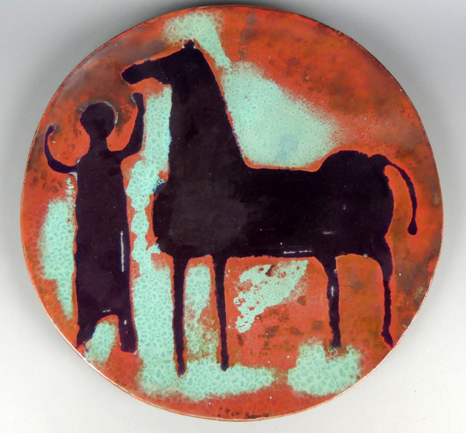 Teller, Keramik, "Pferd", bez. Eva Mozack, Dm. ca. 40 cm