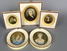 5 Miniaturen, Gouachen, hinter Glas, ca. 15x12; 10x9; 2 x oval 13x11 cm