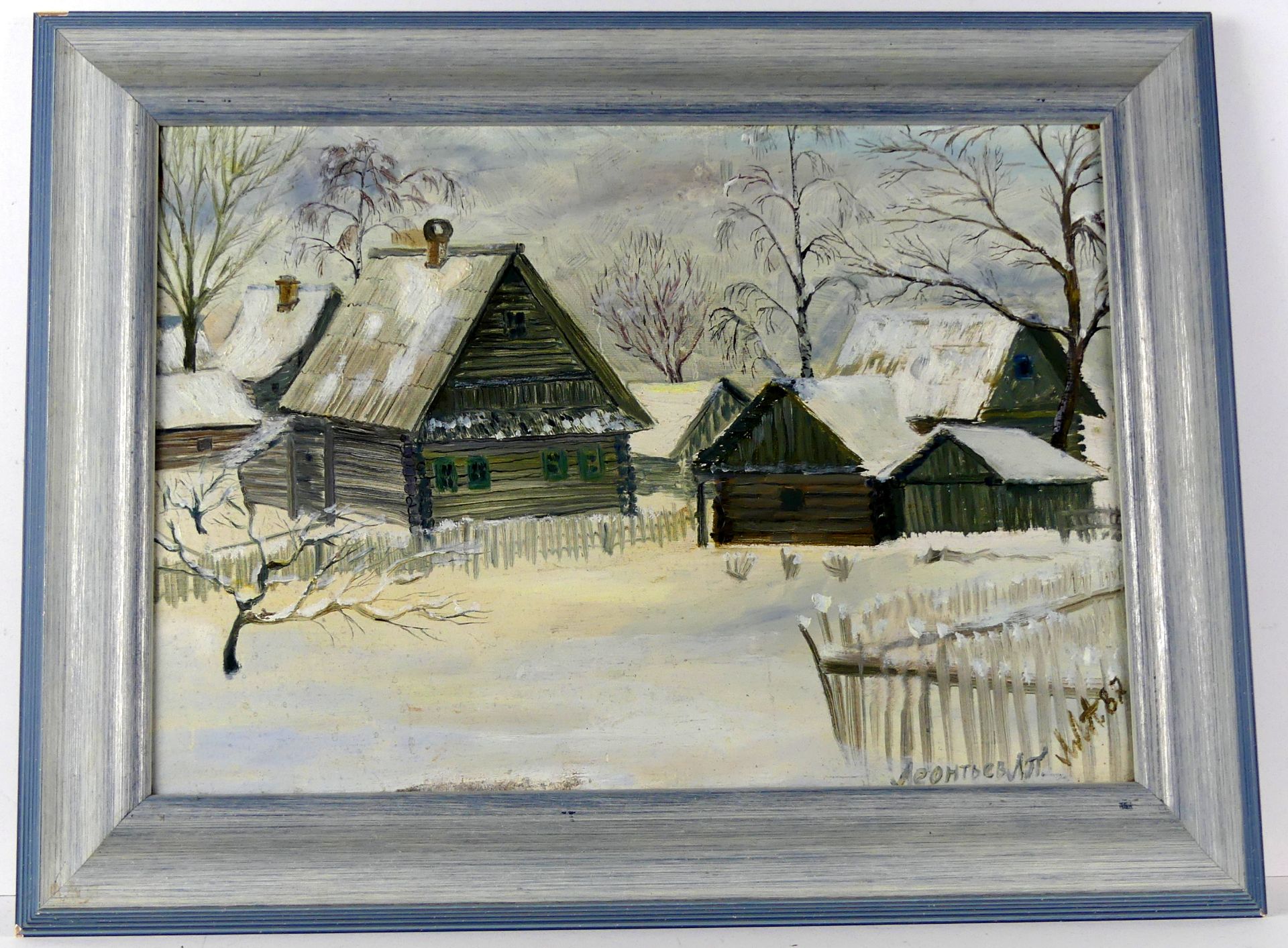 "Dorf in Winterlandschaft", Öl/Pappe, u.re.sig. Leonid Leontiev, dat. '87,
