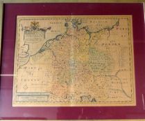 Landkarte, "A new map of present Germany", 1710, hinter Glas, ca. 39 x 50 cm