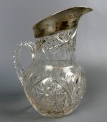 Glaskrug, Kristall mit Silberlippe, 800er, H. ca. 21 cm
