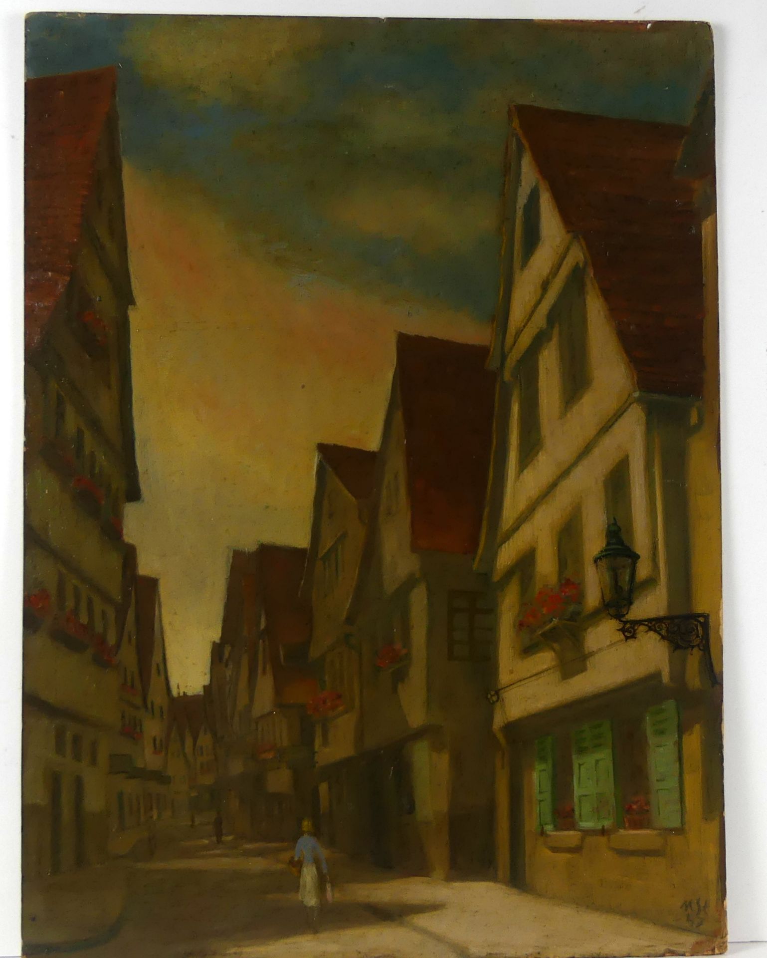 M.ST., Monogrammist, "Blick auf Straße", Öl/Karton,