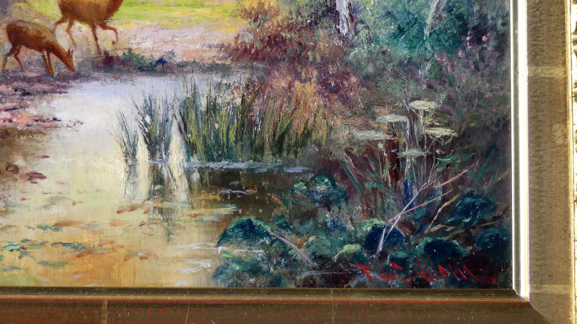 "Rehe am Fluss trinkend", Öl/Holz, u.re.unles.sig., ca. 31 x 48 cm - Bild 2 aus 3