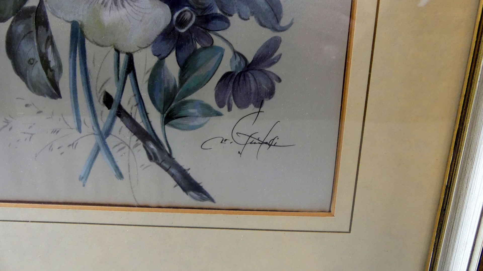 Paar Bilder, "Blumen", Stoffmalerei, u.re.unles.sig., je ca. 29 x 22 cm - Image 4 of 5