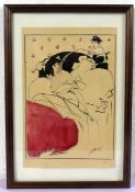 "Dame im Bett", aquarellierte Tusche Zeichnung, u.re.monogr. S.R.,