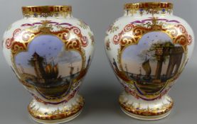 2 Porzellanvasen, Dresden, gebaucht, bemalt, H. ca. 24 cm