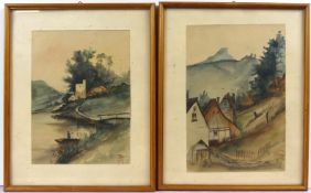 Paar Aquarelle, "Landschaften mit Häusern" u.re.unles.sig., dat. 1907