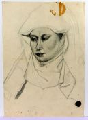 "Ordensfrau", Bleistift Zeichnung, u.re.sig. C. MOLL,