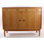 Gordon Russell sideboard, the rectangular top above a pair of frieze drawers and cupboards decorated