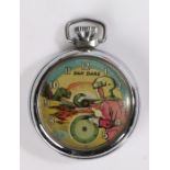 Dan Dare pocket watch, the face with Dan Dare and a Dinosaur approaching, chrome case, 50mm