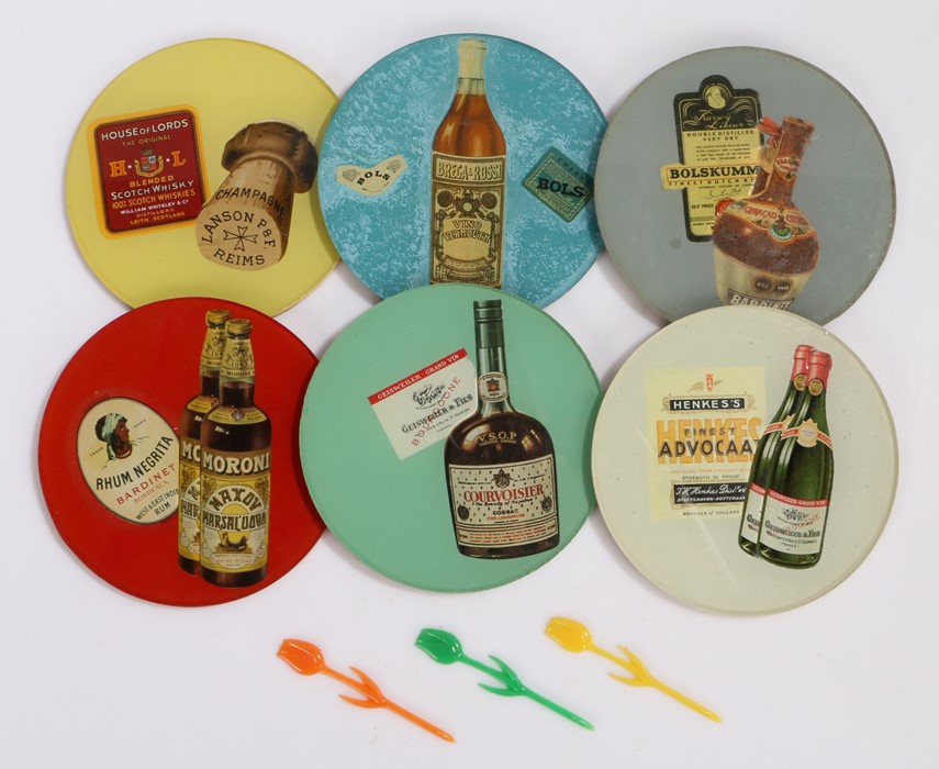 Collection of 1970's glass advertising bottle coasters, to include H L Blended whisky Brega Rossi