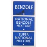 Three enamel fuel signs, to include BENZOLE, NATIONAL BENZOLE MIXTURE and SUPER NATIONAL MIXTURE,