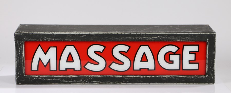 Soho interest, a late 20th Century trade sign for MASSAGE, red ground with white and black edged